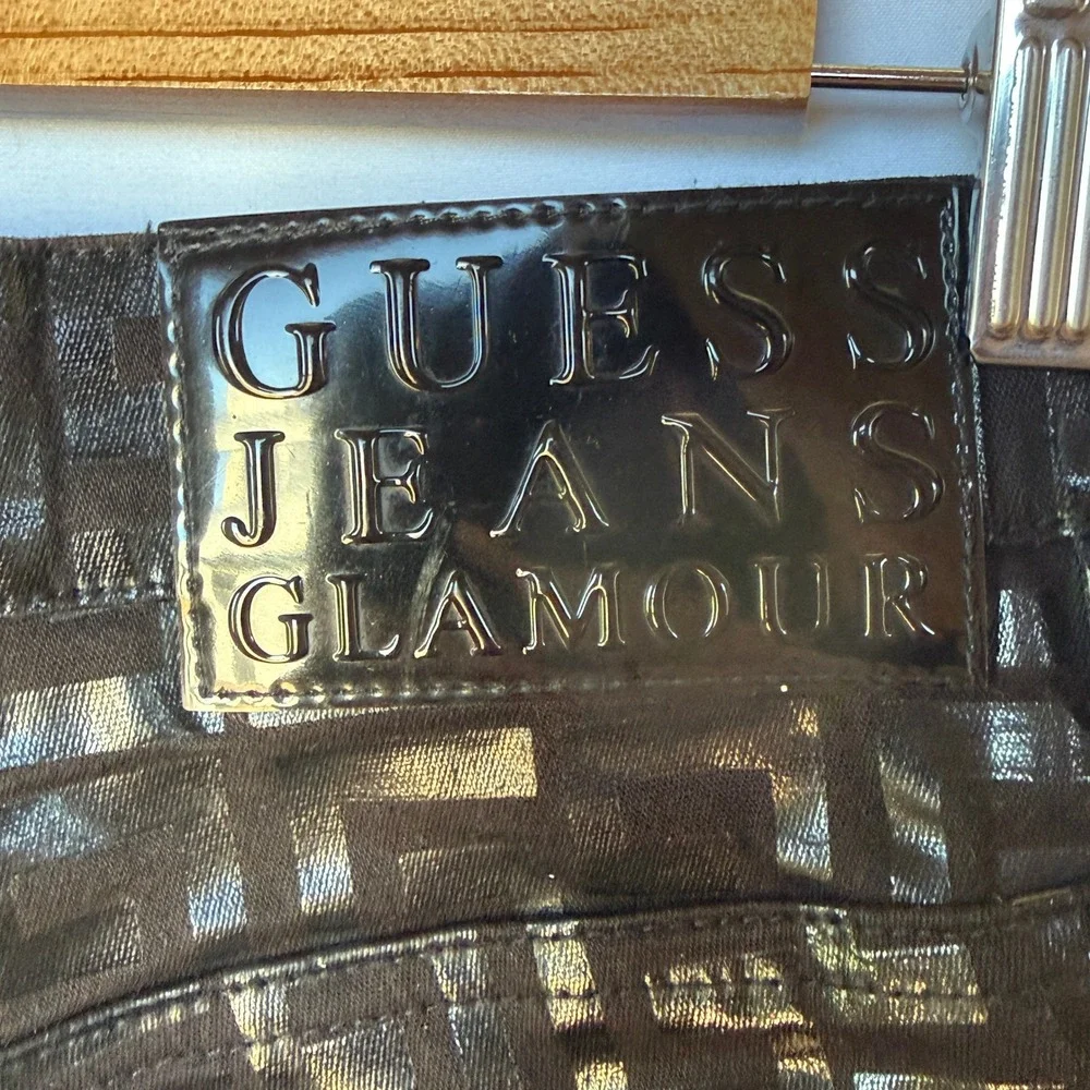 Y2K Vintage Guess Jeans Glamour Monogram Pants Women's Size 27 Black Metallic‎ G